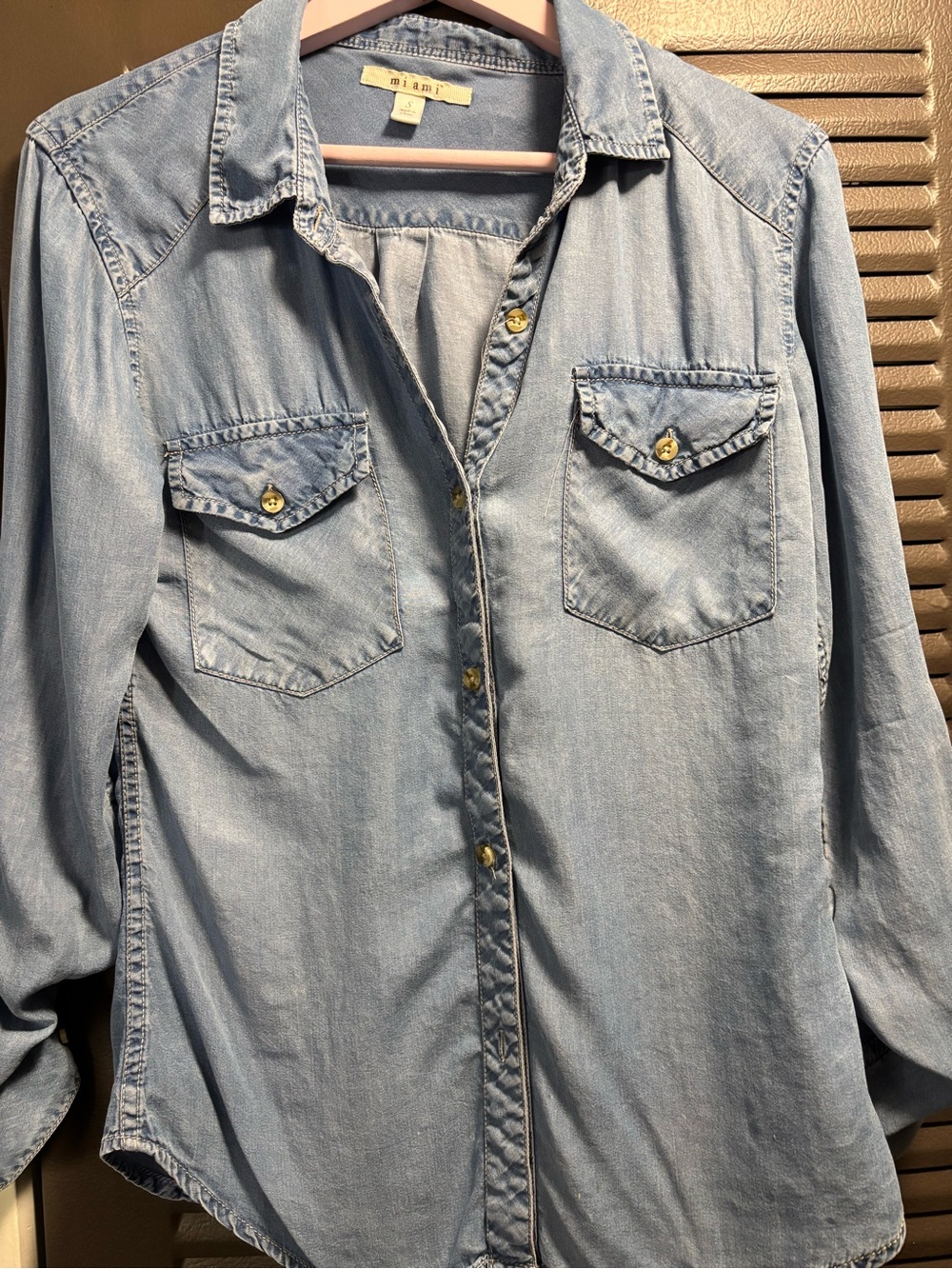 Francesca's Collections Light Blue Denim Button-Down Shirt